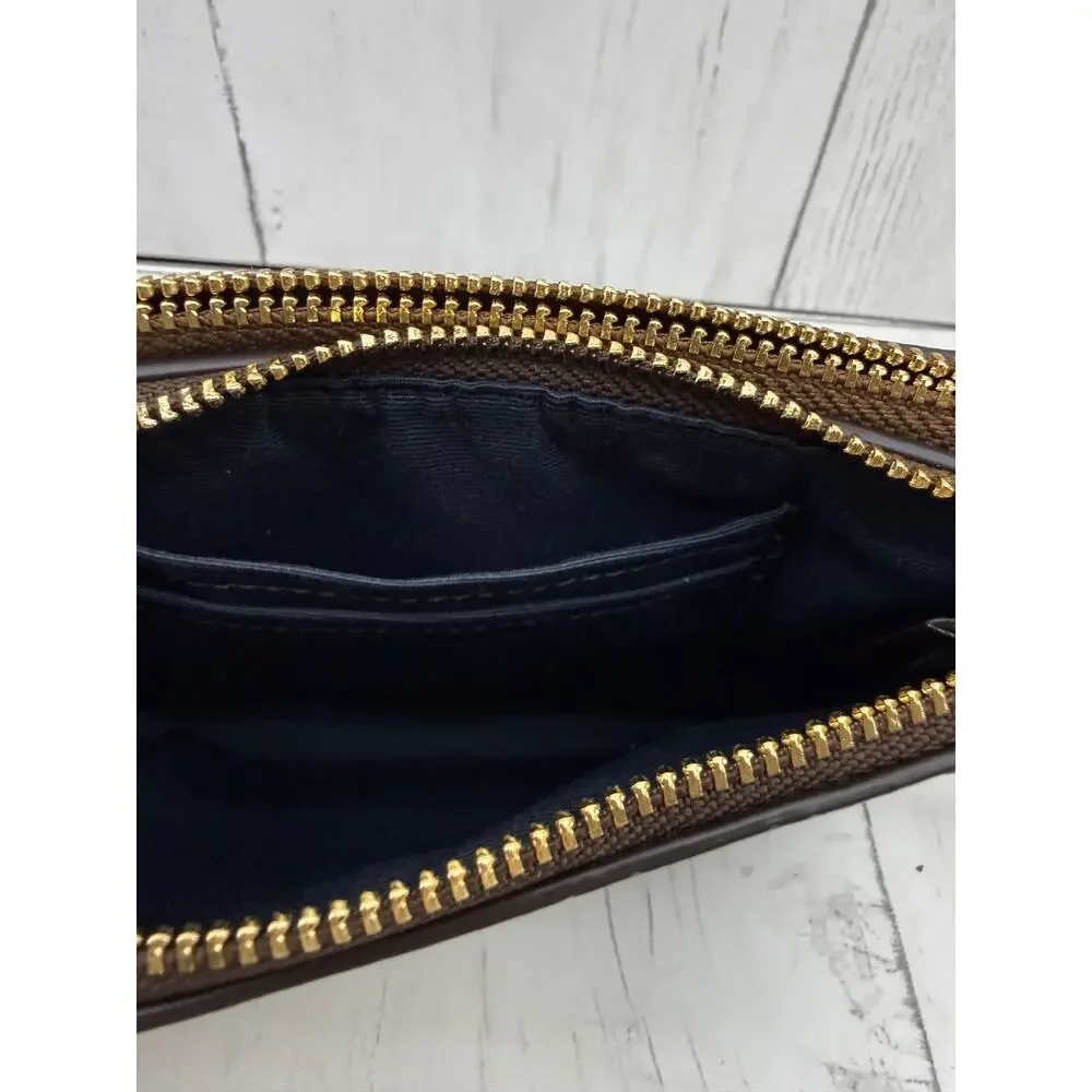 Coach Double Zip Colorblock Brown Signature Canvas Wristlet NEW Teal Strap - Picture 2 of 6